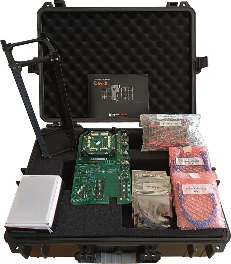 The SpaceLocker DevKit: case, development board, container frame, cables and user guide