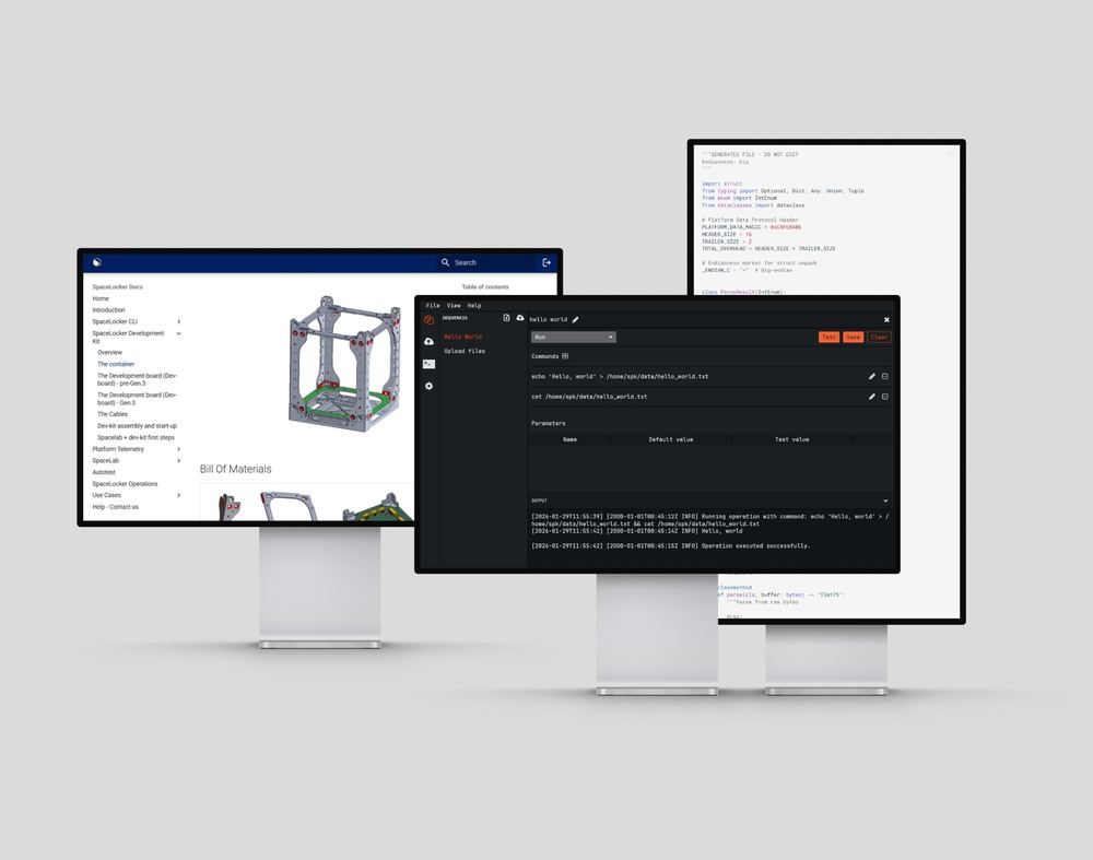 SpaceLocker documentation and operating software on three monitors